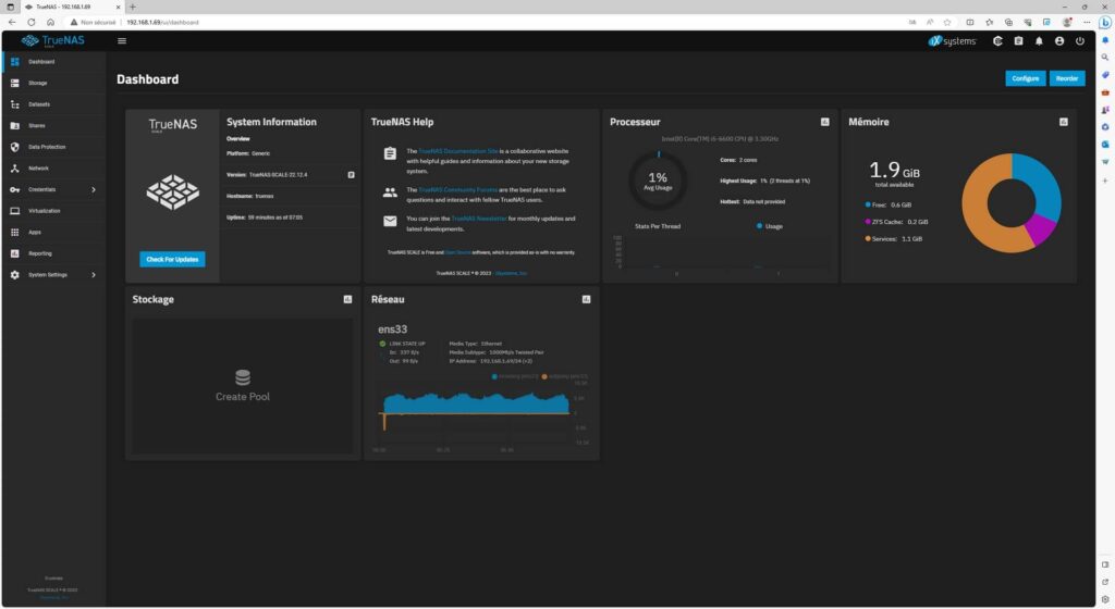 Dashboard de TrueNAS SCALE