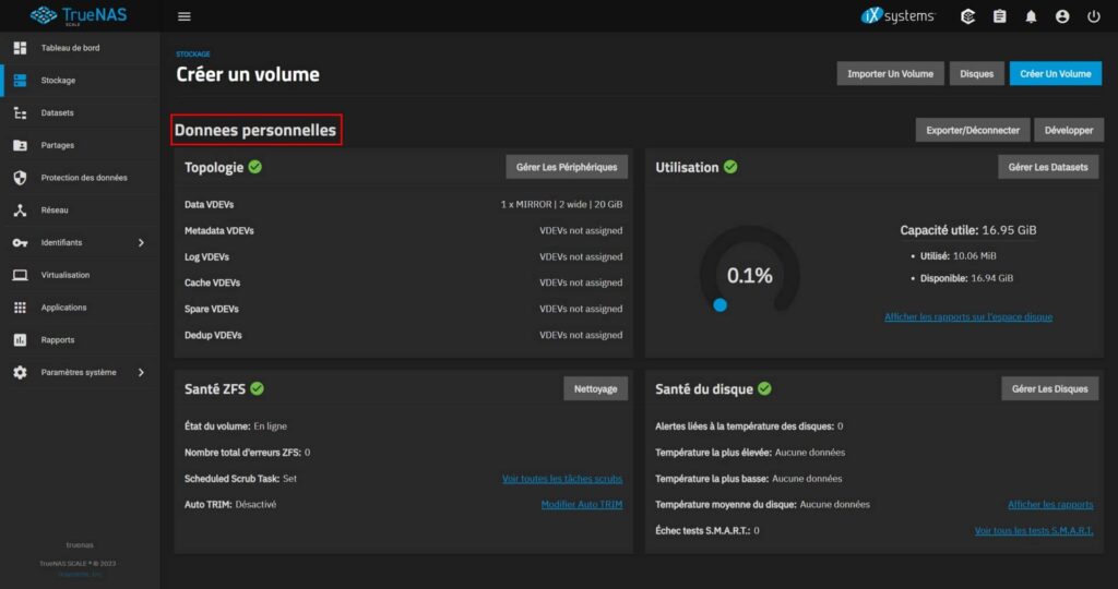 Détails sur le volume créé