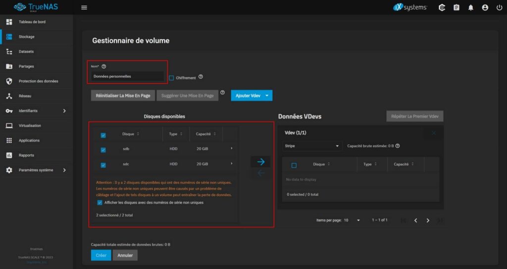 Nommage du volume et ajout des disques de stockage au volume sous TrueNAS