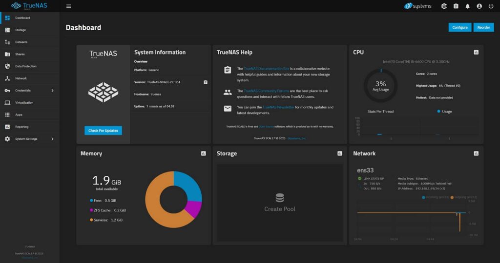 Tableau de bord de TrueNAS SCALE