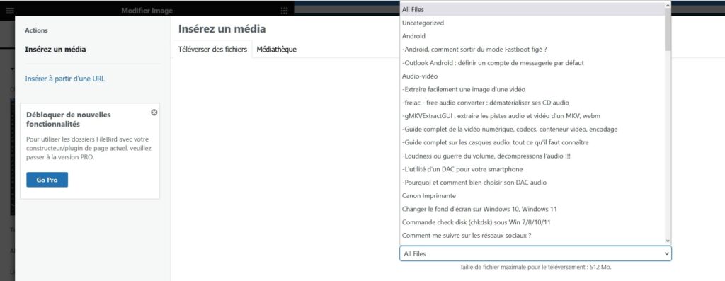 fileBird permet la sélection d'un dossier dans l'onglet Téléverser des fichiers sous Elementor