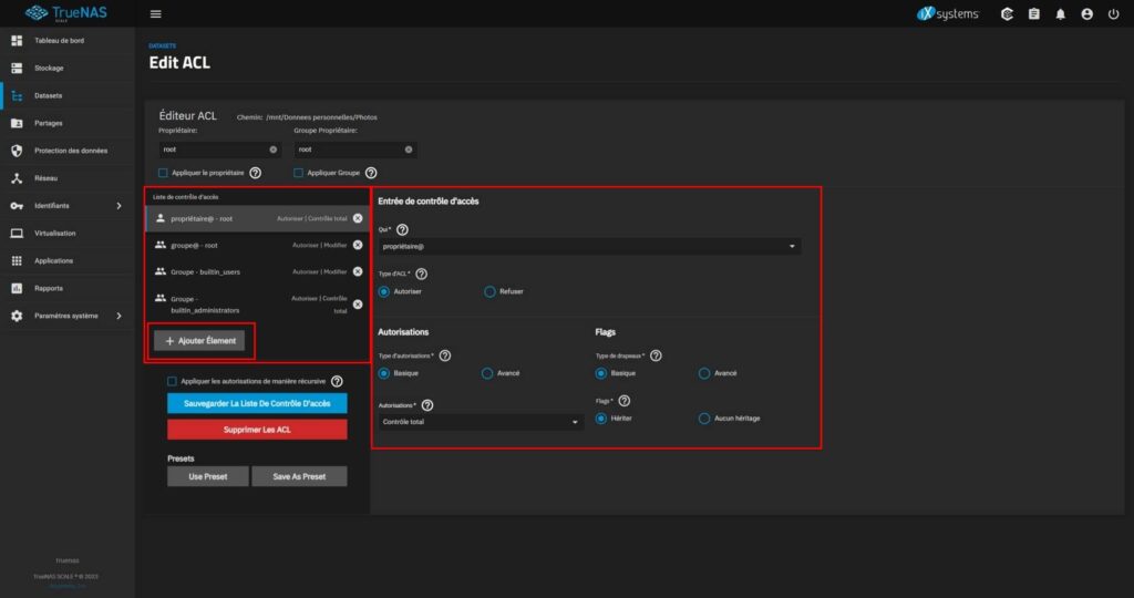 Page d'attribution des droits ACL d'un dataset sous TrueNAS