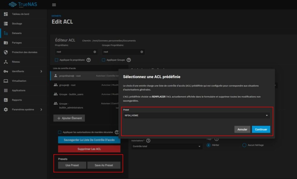 Sélection du profil ACL home propose par TrueNAS