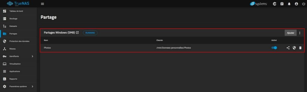 Dataset bien ajouté à la liste du partage SMB