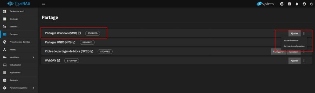 Activation du partage réseau sous TrueNAS