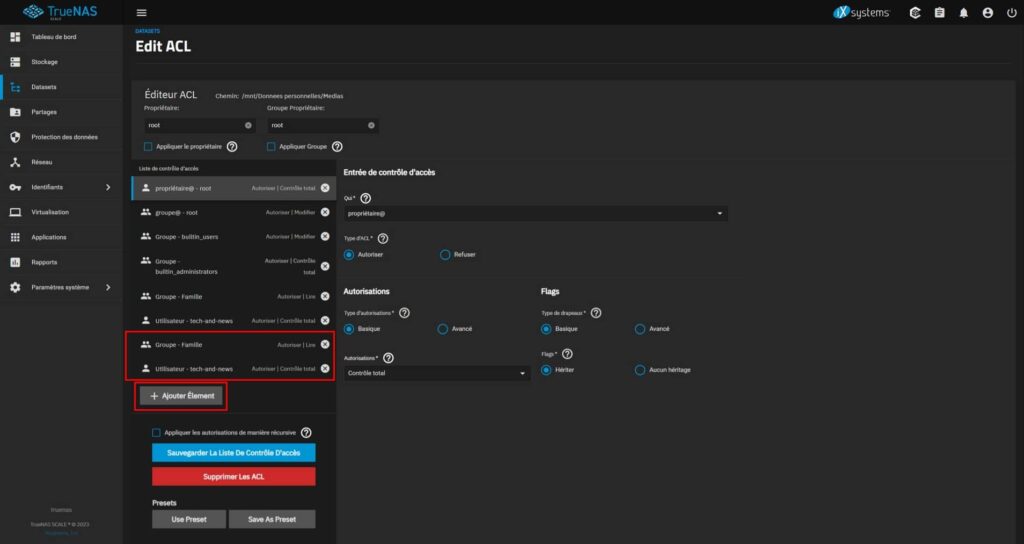 Attribution ACL d'un dossier de partage multimédia