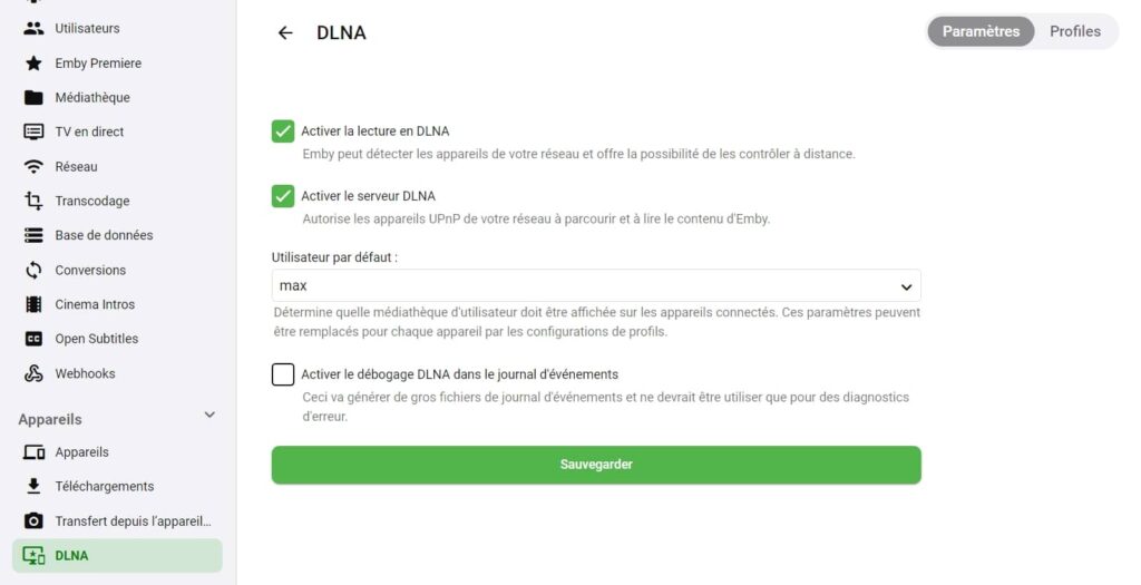 Activation du protocole DLNA d'un serveur emby