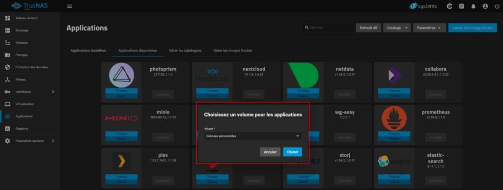 Choix du volume d'installation des apps sous TrueNAS SACLE
