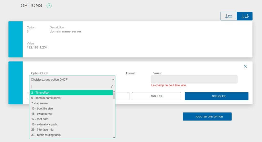 Ajout d'une option au service DHCP Bbox