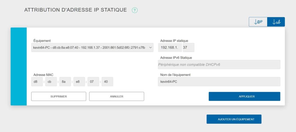 Attribution d'adresse IPv4 et/ou IPv6 statique Bbox