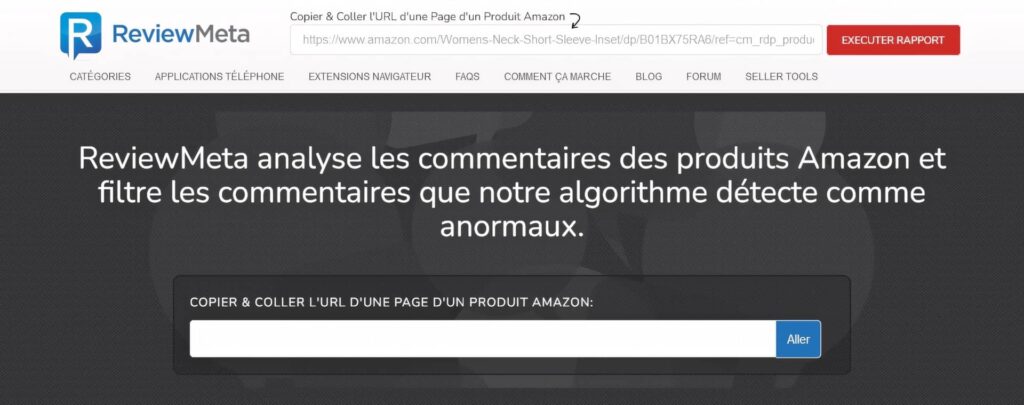 Reviewmeta.com, zone de saisie permettant d'analyser une page produit Amazon