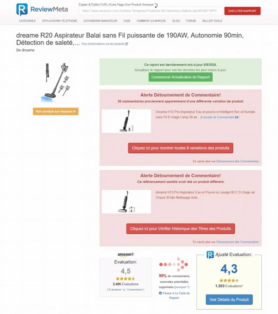 Reviewmeta, analyse commentaires du Dreame R20