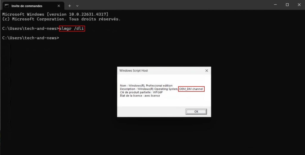 Invite de commandes : commande slmgr /dli (licence OEM)