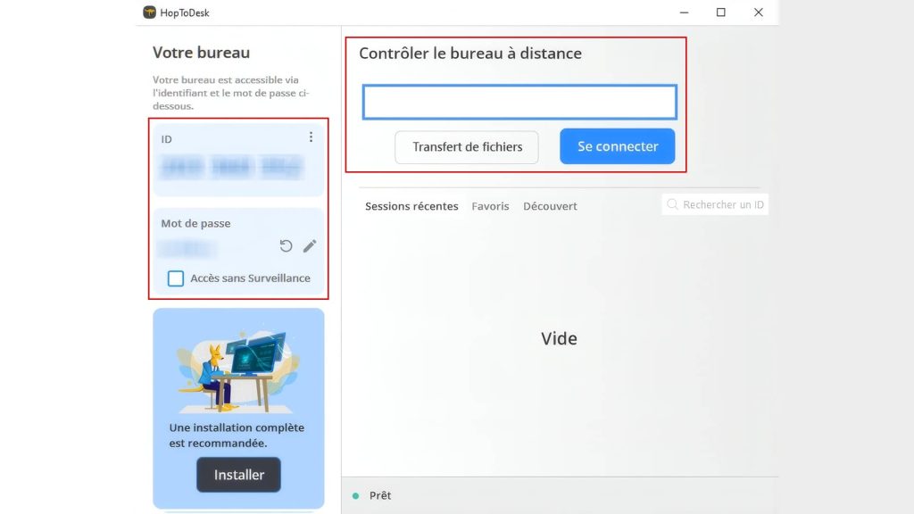 Interface de prise en main de HopToDesk