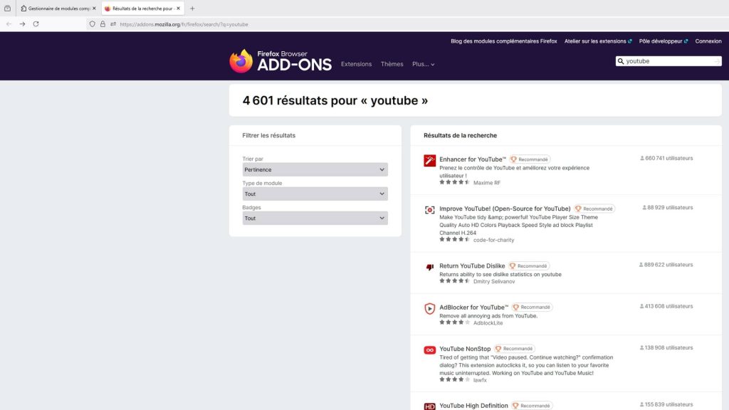 Résultat de recherche d'extension dans Firefox