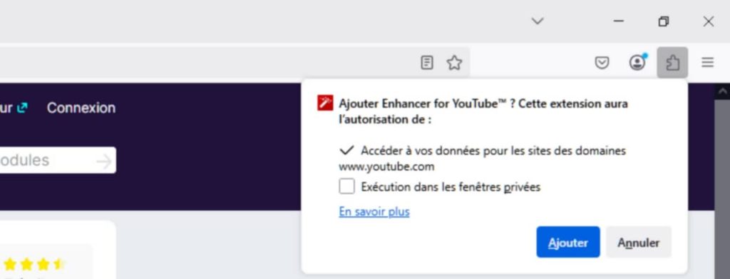Pop-up d'autorisation d'installation d'une extension Firefox