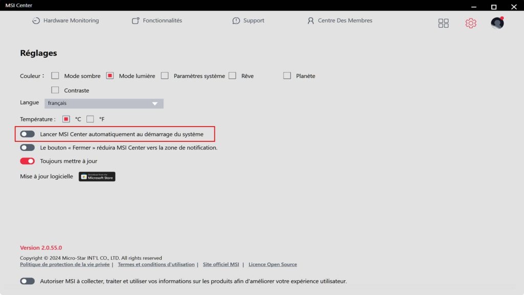 MSI Center, lancement au démarrage depuis les paramètres