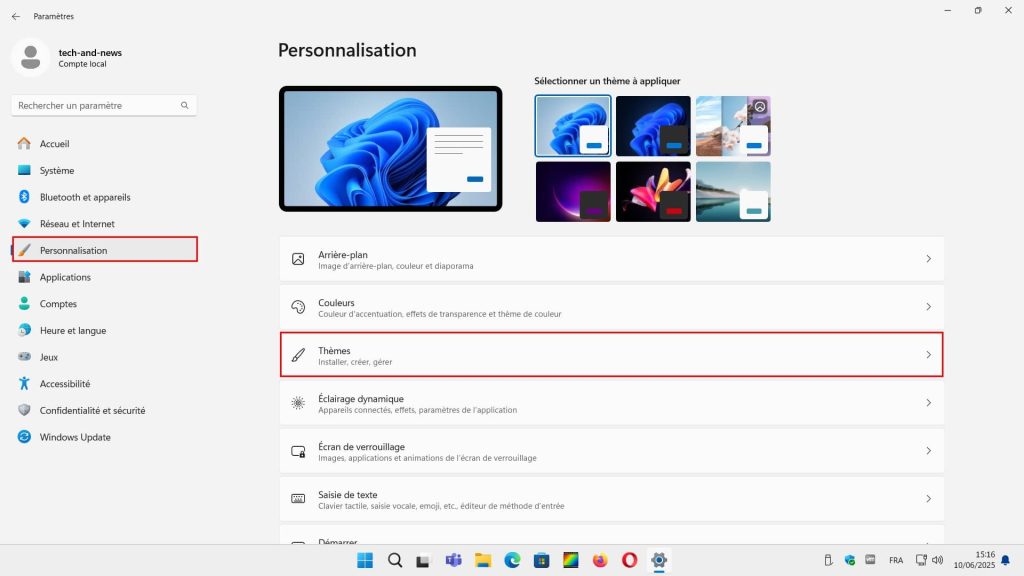 Catégorie personnalisation de Windows