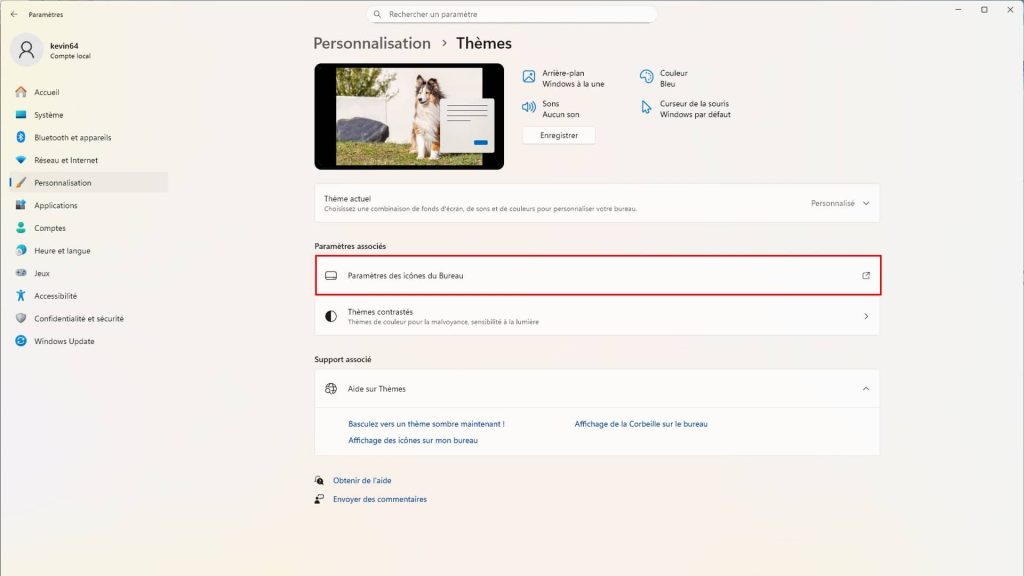 Page des paramètres de Windows de la configuration du thème