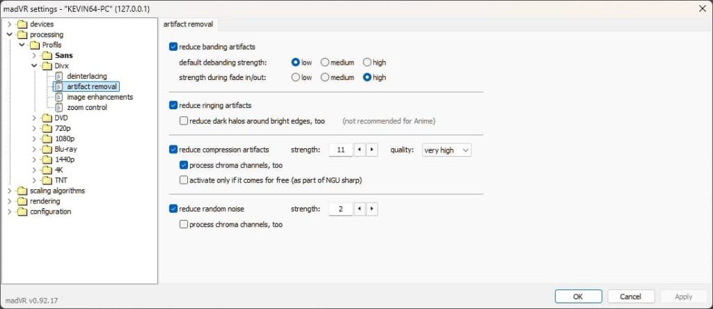 MadVR, Artifact removal