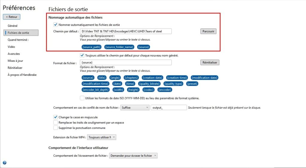 HandBrake, fichier de sortie