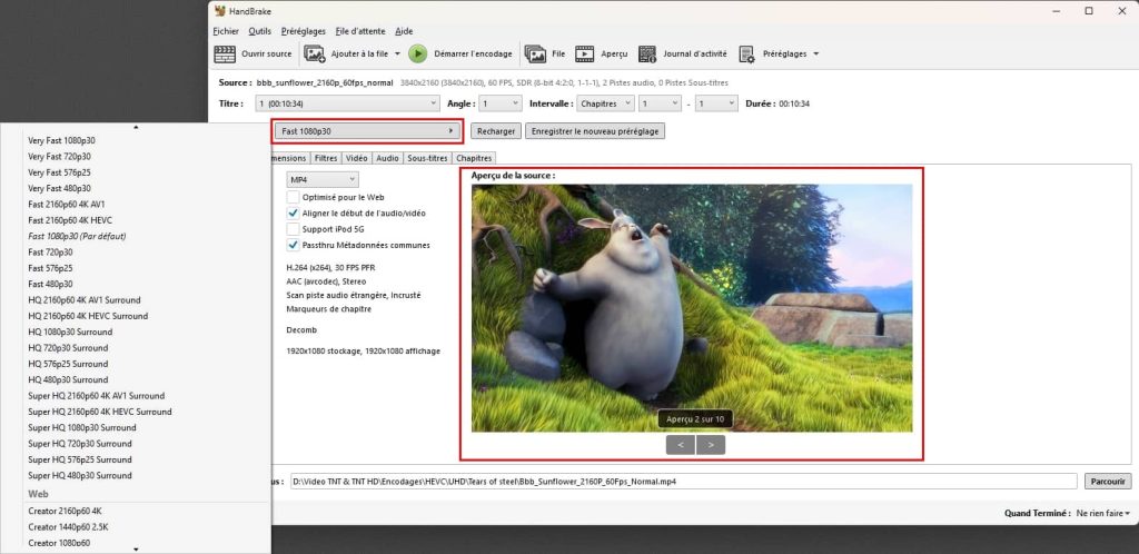 Sélection profil d'encodage