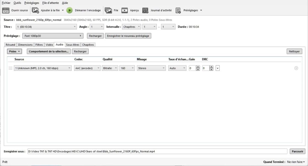 HandBrake, onglet audio
