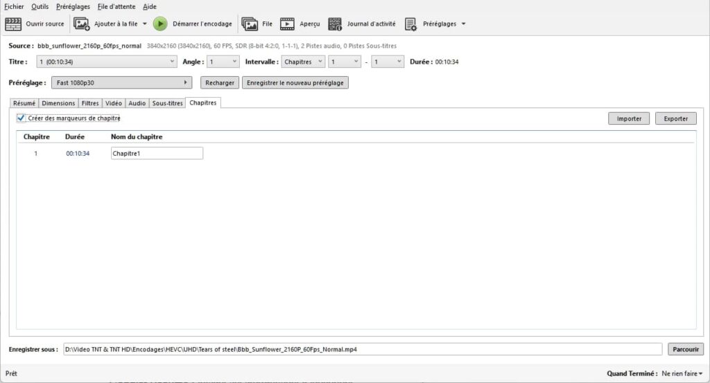 HandBrake, onglet chapitres
