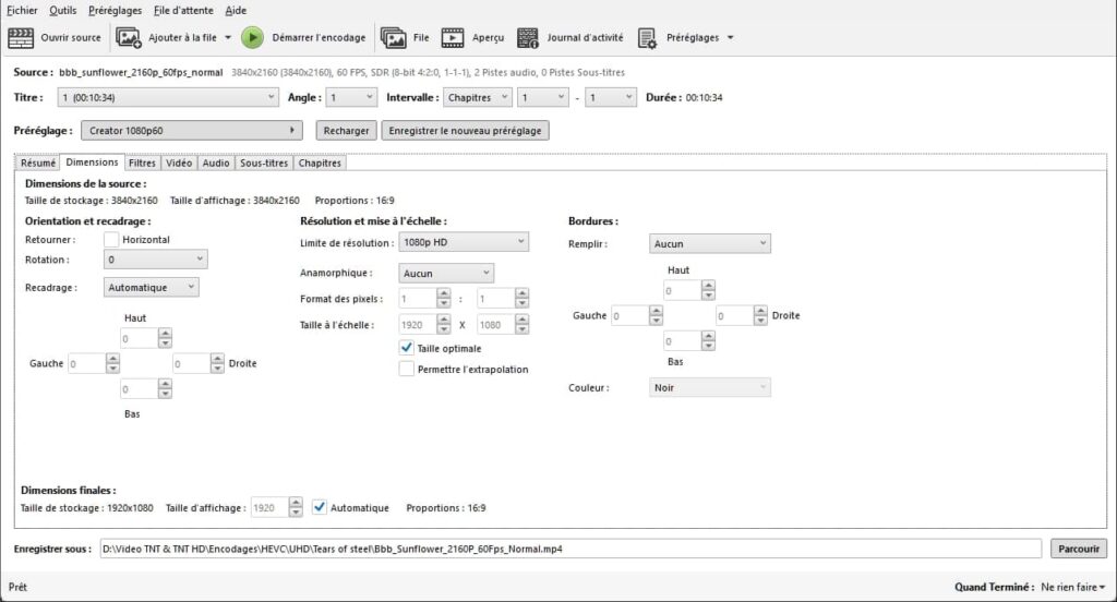 HandBrake, onglet dimensions