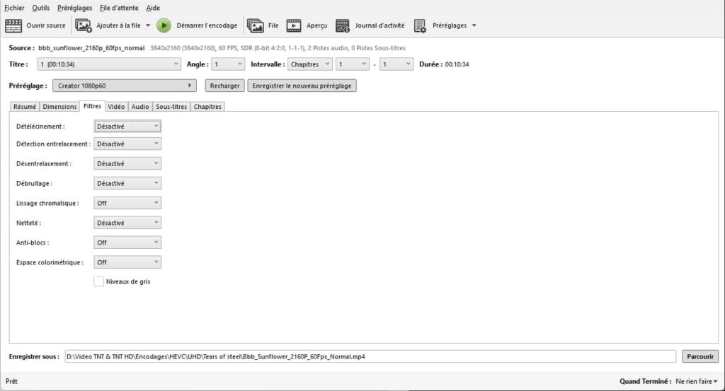HandBrake, onglet filtres