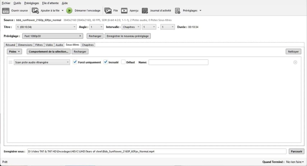 HandBrake, onglet sous-titres