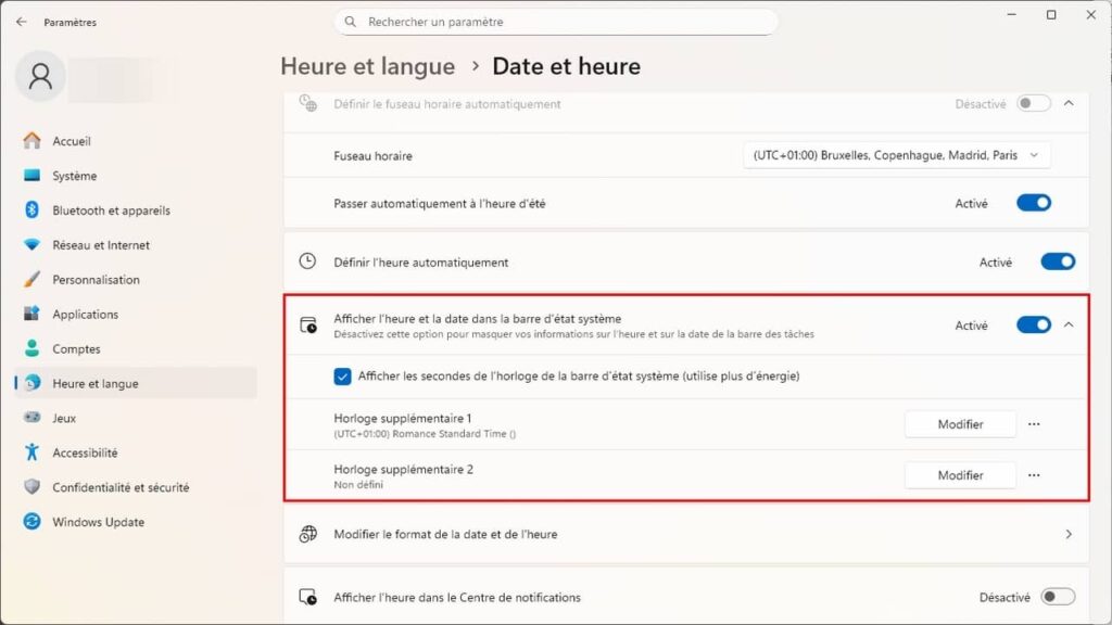 Windows 11, afficher l'heure et date