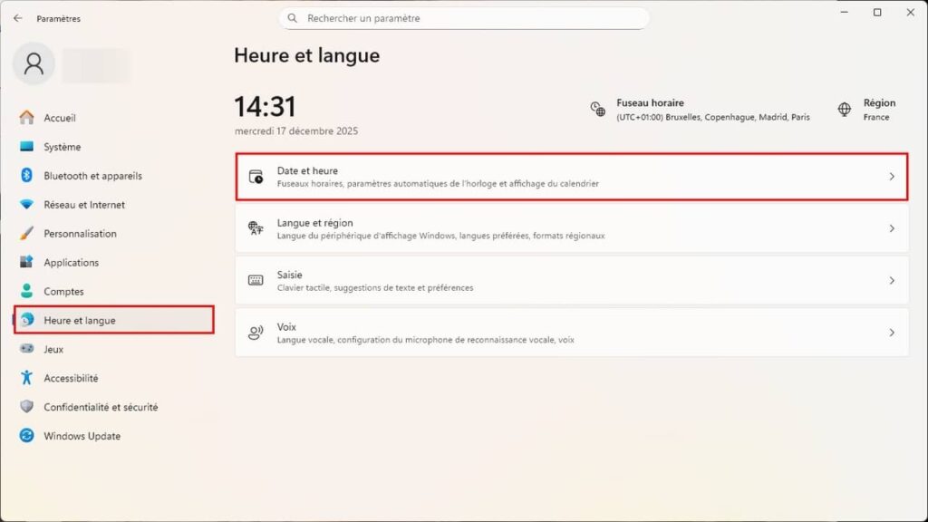 Windows 11, date et heure