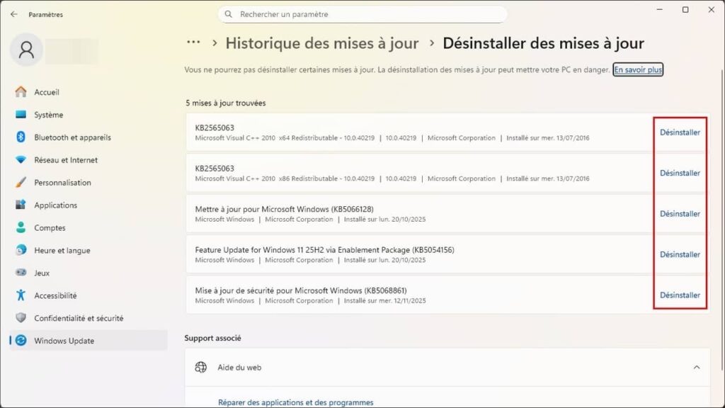Windows 11, désinstaller des mises à jour