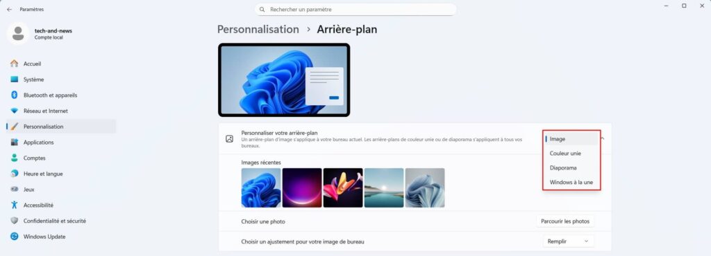 Windows 11, personnalisation de l'arrière-plan