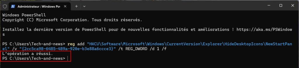 Windows 11, terminal ligne commande opération réussi