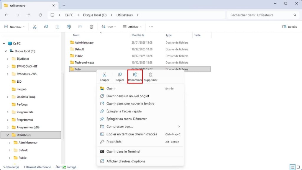 Windows 11, renommer le dossier d'un utilisateur