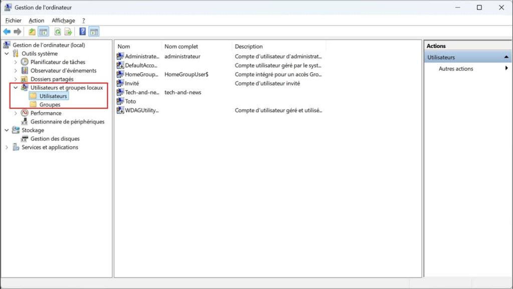 Windows 11, gestion de l'ordinateur, utilisateurs