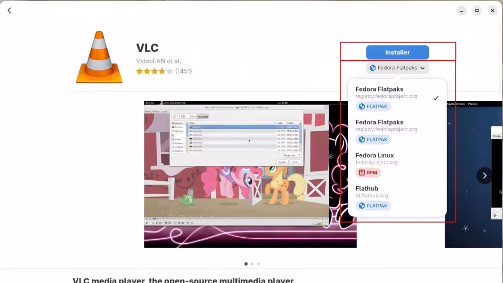 GNOME Logiciels, sélection de la source dépôts d'installation de l'app.