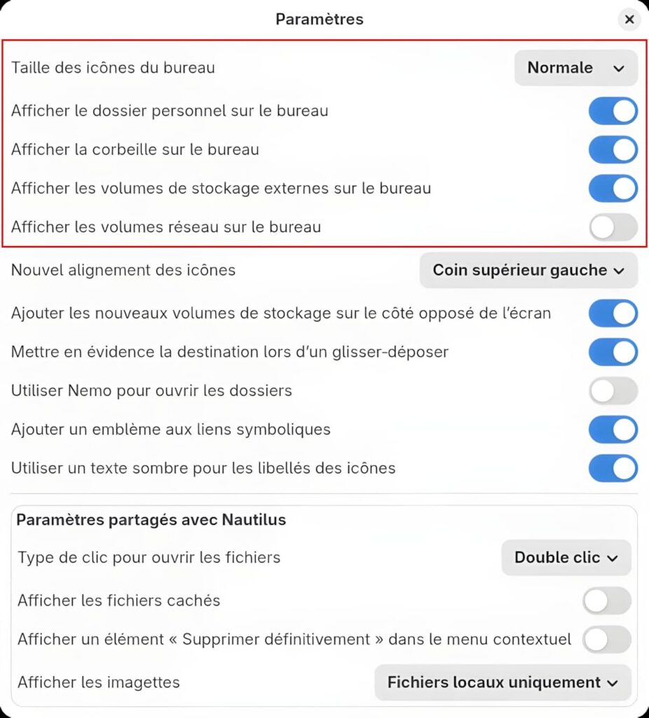 Paramètres de l'extension desktop icons ng (ding)