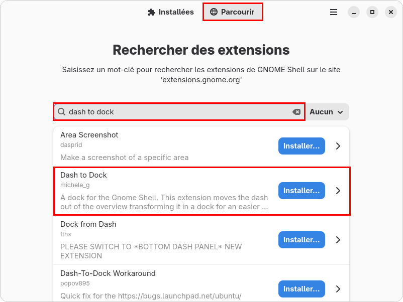 Installation de l'extension Dash to dock