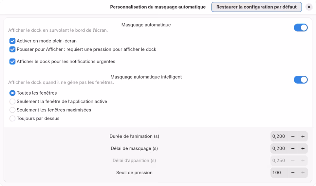 Paramétrage du masquage automatique de Dash to Dock