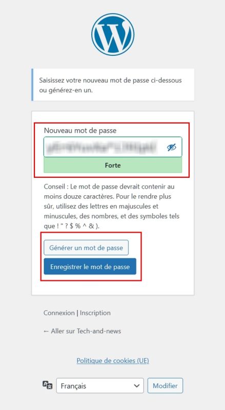 Page de création du mot de passe de votre compte WordPress