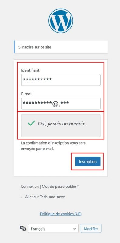 Page du formulaire d'inscription du forum qui n'est autre que celui de WordPress