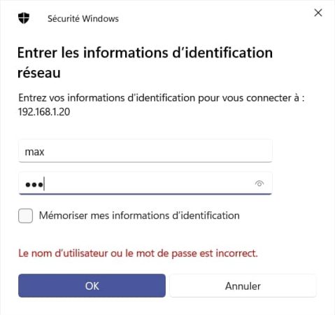 Boîte de Dialogue d'authentification réseau