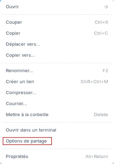 Clic droit Nautilus share, options de partage