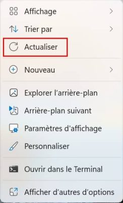 Menu clic droit actualiser