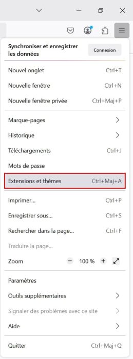 Firefox, accéder aux extensions et thèmes