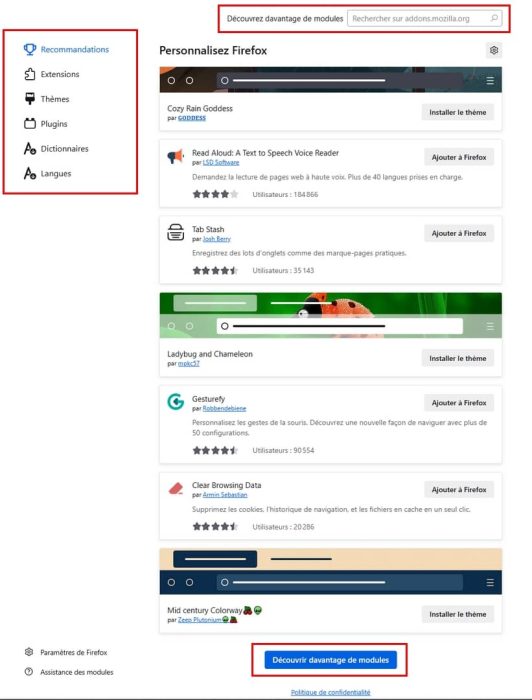 Firefox, page de la gestion des extensions et thèmes