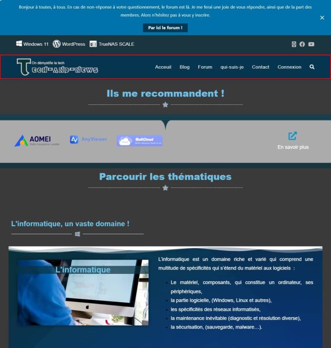 La homepage/page d'accueil du site